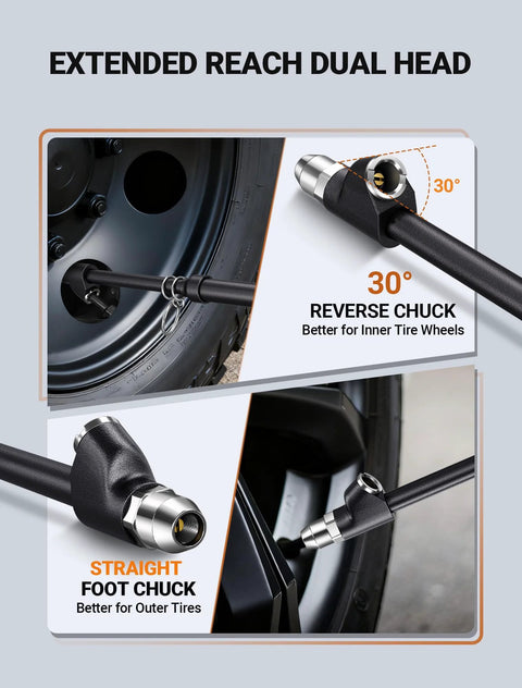 EVOULTES heavy-duty tire pressure gauge with dual straight heads, 10–150 PSI, includes 4 valve caps (Amazon)