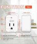 Two Pack Surge Protector Outlet With Ground Protection And Light Indicator 15A 1800W Heavy Duty Wall Socket For Fridge TV AC Washer And All Home Electronics Keeps Your Gear Safe From Surges And Lightning, showing front and side view with dimensions and light indicator function.
