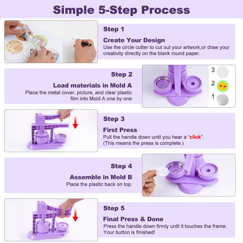 Instructions for Lavender Purple Button Maker Machine With 30 Complete Pin Press Parts And Totally Rad DIY Badge Crafting Kit process steps.