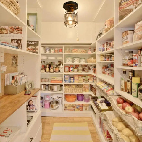 Pantry with Crystal Cage Flush Mount Ceiling Light With Adjustable Pull Chain Dope Industrial Black Metal Round Edison E26 3 Light Fixture Close To Ceiling Modern Ceiling Light above shelves.