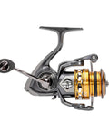 Real Smooth Spinning Fishing Reel Size 200 Decked Out With 10 Plus 1 Bearings And 6.2 To 1 Gear Ratio, angled view showcasing aluminum spool and handle.