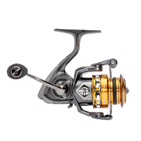 Real Smooth Spinning Fishing Reel Size 200 Decked Out With 10 Plus 1 Bearings And 6.2 To 1 Gear Ratio, angled view showcasing aluminum spool and handle.
