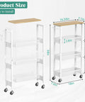 Slim Rolling Storage Cart with 4 Tiers, Wood Top and Handle, White Finish, 16.54D x 7.1W x 34.1H inches, Easy Glide Casters