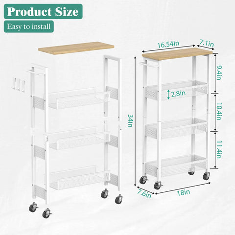 Slim Rolling Storage Cart with 4 Tiers, Wood Top and Handle, White Finish, 16.54D x 7.1W x 34.1H inches, Easy Glide Casters