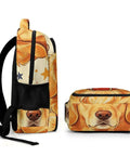 Side view of 4th Of July Golden Printed Unisex Backpack Large Capacity Daypack with dog print, breathable polyester material.