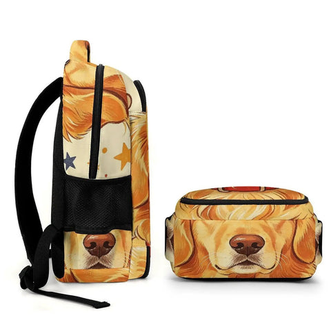 Side view of 4th Of July Golden Printed Unisex Backpack Large Capacity Daypack with dog print, breathable polyester material.