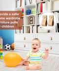 24 Pieces PVC Leather Drawer Pulls for cabinets and furniture, light brown leather with brass screws, shown on white dresser with child playing.