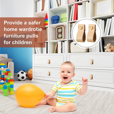 24 Pieces PVC Leather Drawer Pulls for cabinets and furniture, light brown leather with brass screws, shown on white dresser with child playing.