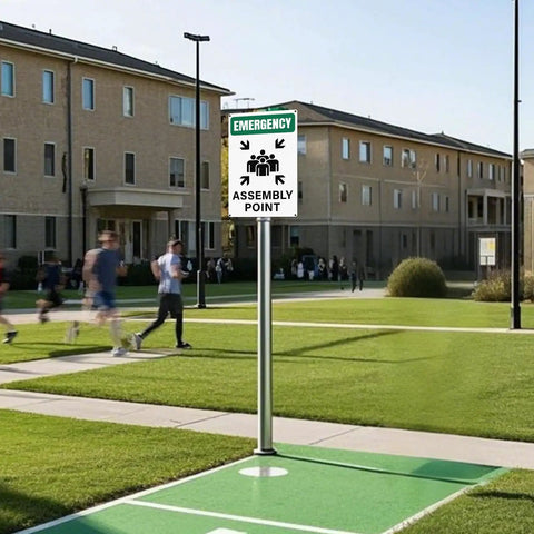 Emergency Assembly Point Sign 18x12 Inches Reflective Aluminum Waterproof Signage With Pre Drilled Holes installed at a school campus