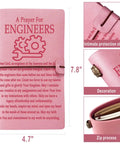 Leather Engineer Journal Gift Set With Prayer Themed Notebook And Ballpoint Pen in pink leather with engraved prayer, dimensions 4.7 x 7.8 inches.