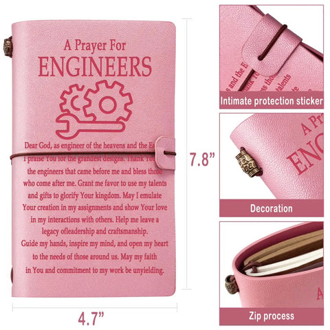 Leather Engineer Journal Gift Set With Prayer Themed Notebook And Ballpoint Pen in pink leather with engraved prayer, dimensions 4.7 x 7.8 inches.