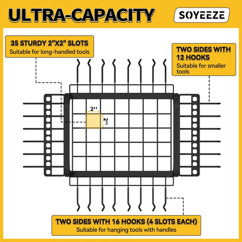 Diagram of Garden Tool Organizer With Lockable Wheels, Heavy Duty 3 Tier Yard Tower Rack For Garage, tool slots and hooks