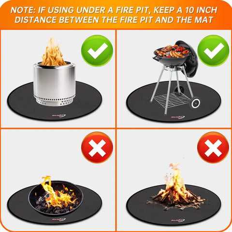 Image showing correct and incorrect use of 48 Inch Round Fire Pit Mat With Four Layer Fireproof Heat Insulated Under Grill Pad.