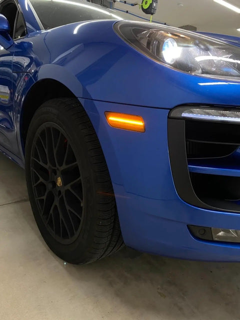 Blue Porsche Macan with Smoked Lens Full LED Front Side Marker Kit For Porsche Macan 2014-2024 1st Gen Amber Sidemarker Lights