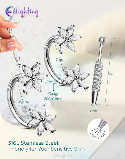 Must-Have Flower 20G Horseshoe Nose Ring Kit With Ball Grabber Tool And Double-Ended Push-Pin, 316L Stainless Steel