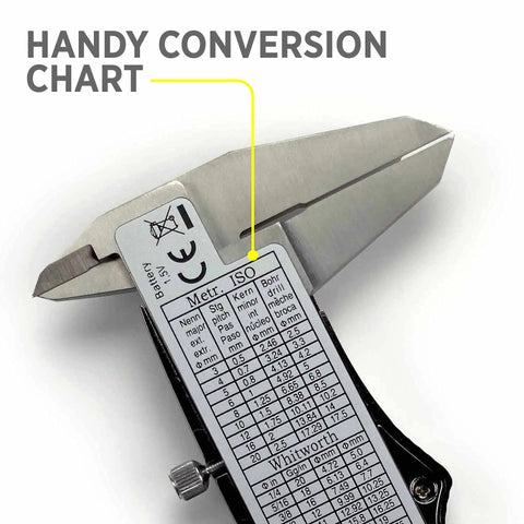 Handy Digital Caliper 6 Inch Range With Extra Large LCD Display, Three Measurement Modes Decimal Inches Fractional Inches And Millimeters, Stainless Steel Precision Tool, Auto Power Off, Heavy Duty Ruler For Easy Accurate Readings. Handy conversion chart printed on stainless steel digital caliper
