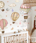 Watercolor Hot Air Balloon Wall Decals Set With Clouds, Stars, And Flying Birds, Adorable Nursery Bedroom Decor, Peel And Stick Vinyl
