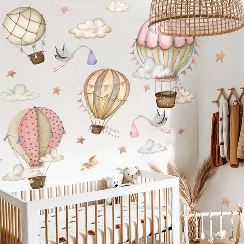 Watercolor Hot Air Balloon Wall Decals Set With Clouds, Stars, And Flying Birds, Adorable Nursery Bedroom Decor, Peel And Stick Vinyl