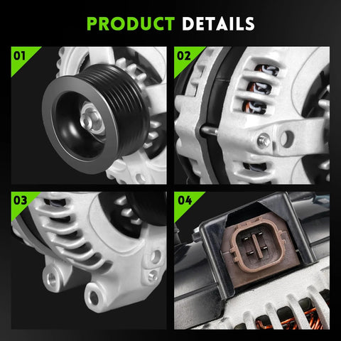 Close-up details of plug and play alternator replacement for Honda Accord 2003-2007 2.4L, Civic 2006-2011 2.0L, CRV 2007-2011 2.4L, Element 2003-2011 2.4L, Acura CSX 2004-2008 2.0L, TSX 2004-2008 2.4L, fits 13980N 31100 RAA A01