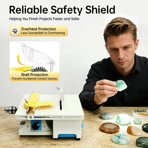 Man examining stones near 750W DIY Jewelry Lapidary Saw And Polisher Kit, 110V Multifunction Table Grinder with safety features.