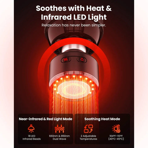 T2 Ultra Percussion Massage Gun With Heated Infrared Red LED Therapy For Deep Tissue Muscle Recovery showing LED and heat functions
