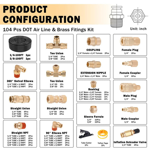 Product configuration of All In One DOT Air Line Kit with brass fittings, featuring hoses, couplings, and connectors displayed on chart.