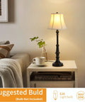 Two Pack Vintage Style Buffet Table Lamps For Living Room And Bedroom, lit lamp on white side table with retro brown finish