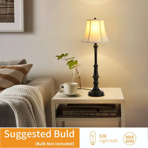 Two Pack Vintage Style Buffet Table Lamps For Living Room And Bedroom, lit lamp on white side table with retro brown finish