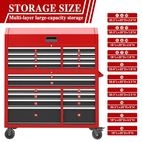 Ultimate 56 Inch Rolling Tool Chest Combo With 18 Drawers, Heavy Duty Steel Cabinet, Built-In Power Outlet, Locking System