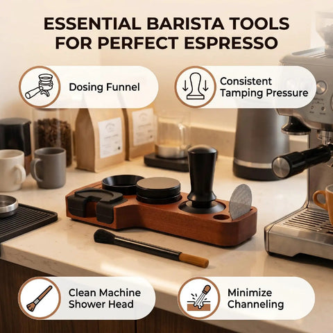 Premium Spring Loaded 51Mm Coffee Espresso Tamper Set Delivering Exact 30 Pound Pressure For Flawless Puck Prep and Straight Up Pro Barista Shots on countertop.