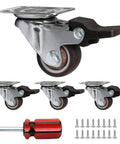 Ultra Low Profile One Inch Swivel Caster Wheels With Dead Quiet TPR Rubber, four pack with brakes and mounting screws.
