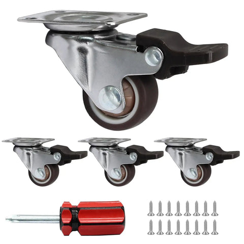Ultra Low Profile One Inch Swivel Caster Wheels With Dead Quiet TPR Rubber, four pack with brakes and mounting screws.