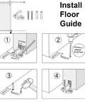Diagram showing installation steps for Sliding Barn Door Kit For 5 To 13 Feet Heavy Carbon Steel Rail System With Matte Black Finish.