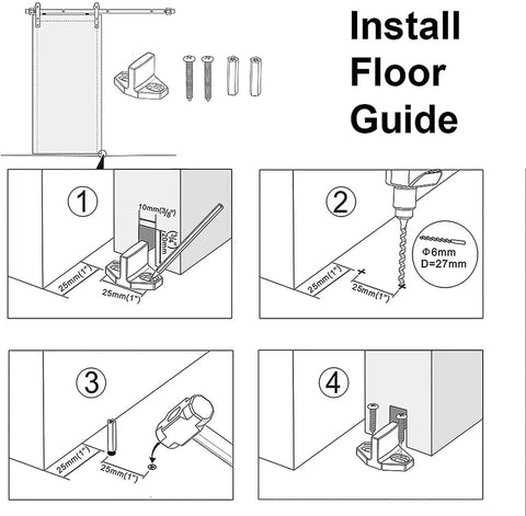 Diagram showing installation steps for Sliding Barn Door Kit For 5 To 13 Feet Heavy Carbon Steel Rail System With Matte Black Finish.