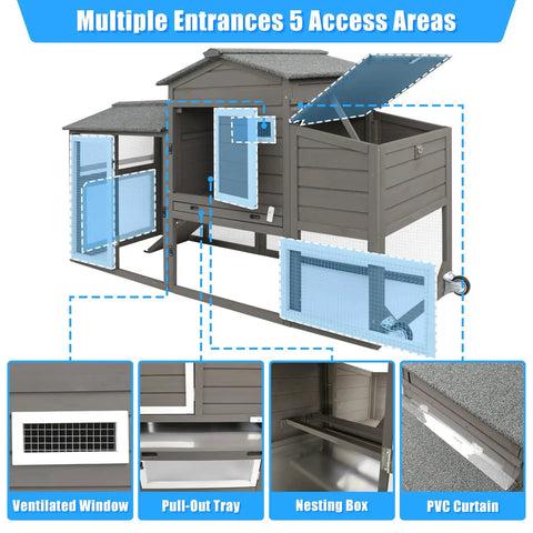 Diagram of Wooden Chicken Coop With Run And Nesting Box For Backyard Garden, showing multiple access points and features.