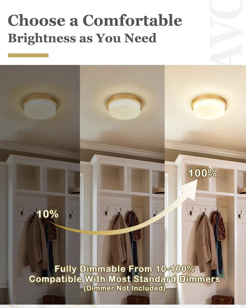 Dope Gold Brass Flush Mount Ceiling Light With 13 Inch Close To Ceiling LED Fixture Dimmable 24W 2200Lumen 5 CCT Adjustable 2700K 3000K 4000K 5000K 6000K Perfect For Bedroom Hallway Kitchen showing dimming feature