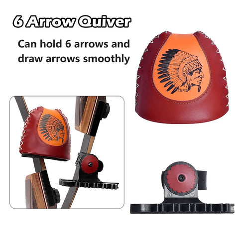 Four to Six Arrow Quiver for Recurve Bow with brown leather holder, featuring an engrained design, adjustable for quick shoot system.