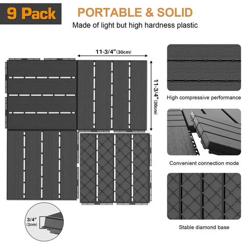 Diagram showing Interlocking Plastic Deck Tiles 9 Pack 12x12 Waterproof Outdoor Flooring features and construction details.