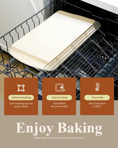 Nonstick Crisp Baking Tray With Wire Rack 15x10 Jelly Roll Pan Ceramic Coating in dishwasher rack, instructions displayed