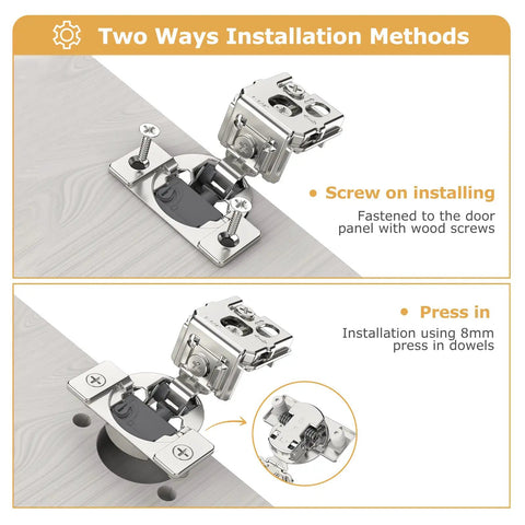 Two installation methods for Killer Quality Soft Close Cabinet Hinges Two Pack 3/8 Inch Face Frame Overlay 4D Adjustable.