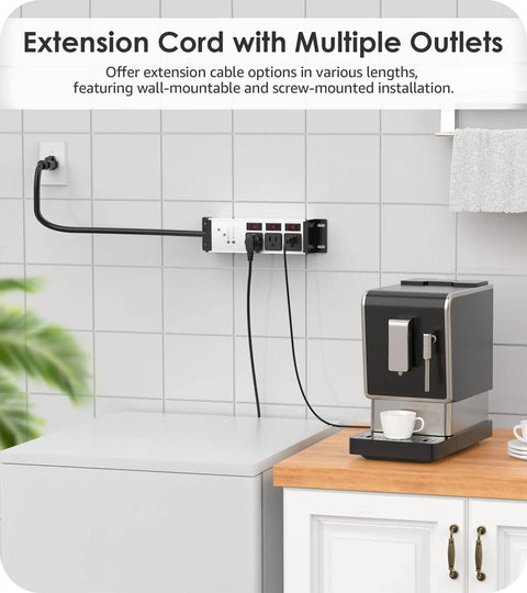 Beefy 3 Outlet Surge Protector With Twelve Gauge Cord And Six Foot Length Individual Switches Grounding Protection 20 Amp Circuit Breakers NEMA 5-15P Plug Brushed Silver Power Strip For Home Office Workshop And Studio mounted on tiled wall