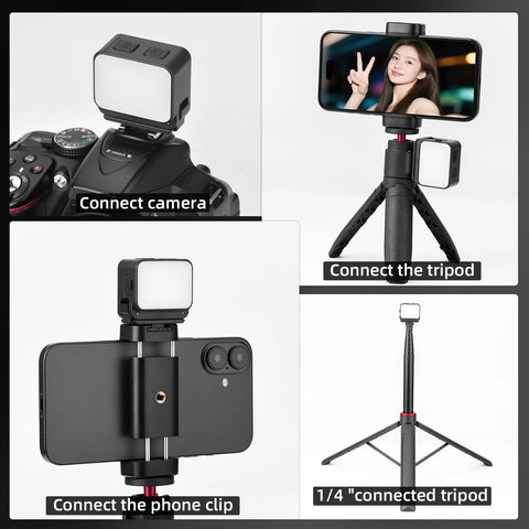 Lil Portable Mini LED Video Light For Action Cameras With Cold Shoe And Quick Release Mounts on various camera setups