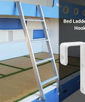 Heavy Duty Bunk Bed Ladder J Hooks, Rock Solid White Iron Brackets, bed ladder hooks attached to a blue loft bed.