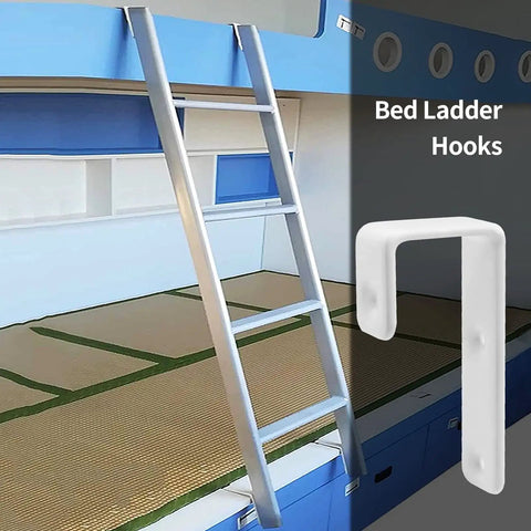 Heavy Duty Bunk Bed Ladder J Hooks, Rock Solid White Iron Brackets, bed ladder hooks attached to a blue loft bed.
