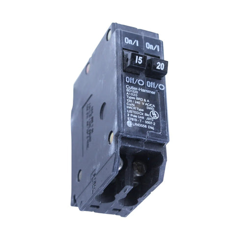 Duplex Twin Two Pole Circuit Breaker 15A and 20A, BD2015 Style, Fits Electrical Panels, 120 and 240 Volt Household and Commercial, Plug In And Play, High Reliability Breaker for Home Wiring, 2-pole black breaker