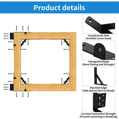 Product details of Heavy Duty Gate Hardware Set With Beefy Anti Sag Corner Braces for wood gates, showcasing hinges and corner braces.