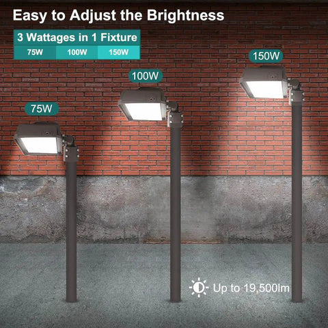 Ultra Bright LED Flood Light With Dusk To Dawn Photocell, 150W Adjustable To 100W And 75W, 130 Lm Per W, 19,500 Lumens, 5000K Daylight
