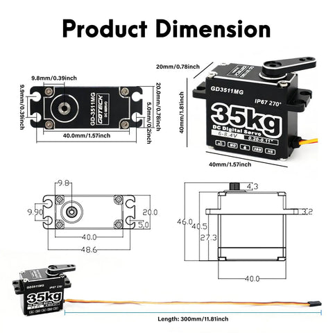 Product dimensions of Beefy 35Kg Digital Servo At 8.4V With Full Metal Gear IP67 Waterproof And 25T Servo Horn.