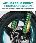 Close-up of adjustable front fork suspension on foldable ebike for adults and teens, city commuter with dual disc brakes