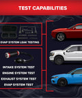 Test capabilities of EVAP Bundle Smoke Machine Adapter Kit For Visible Vapor And Low Pressure Diagnostics showing adapter use on vehicles.